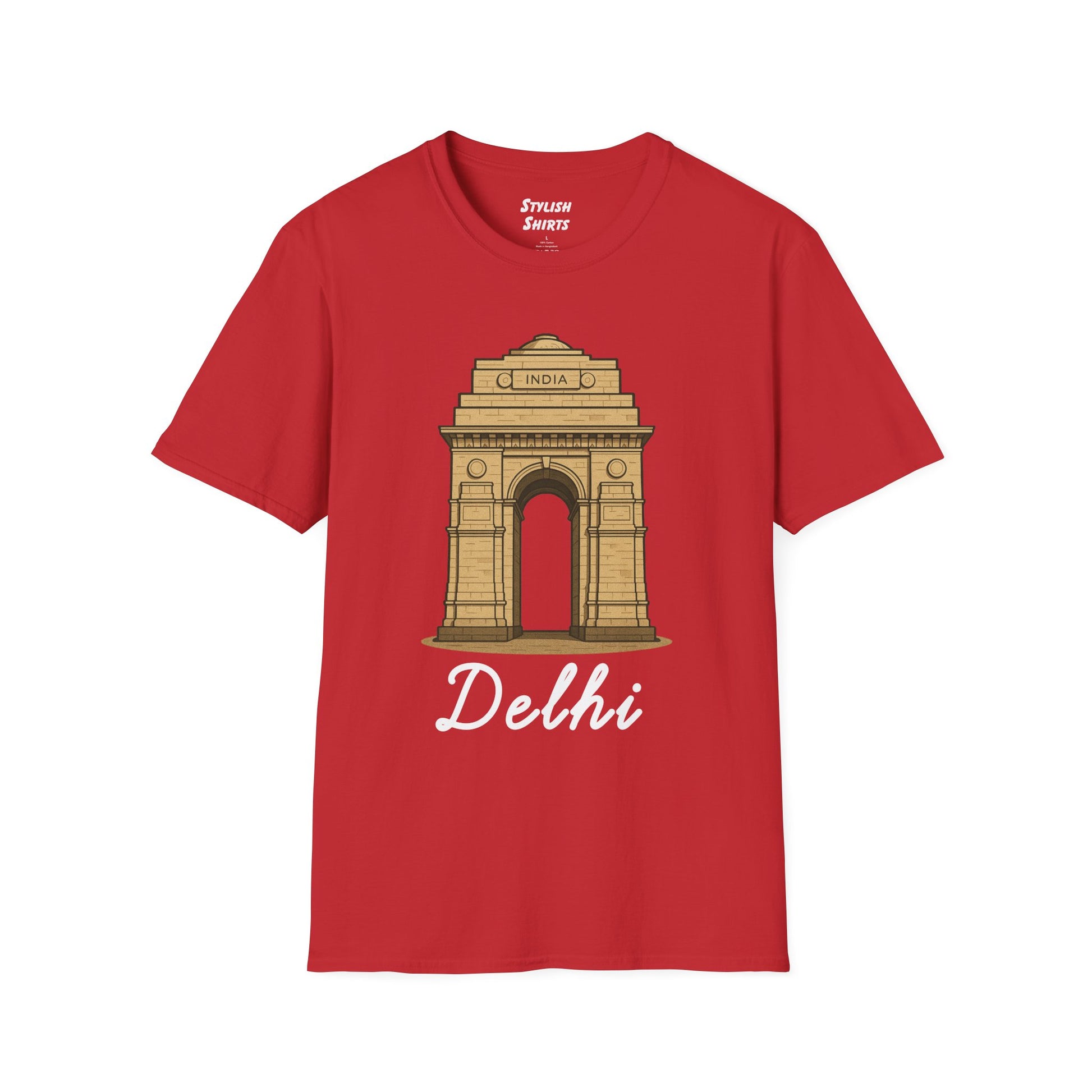 a red delhi graphic t-shirt that says Delhi with a graphic of India Gate