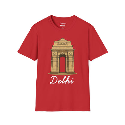 a red delhi graphic t-shirt that says Delhi with a graphic of India Gate