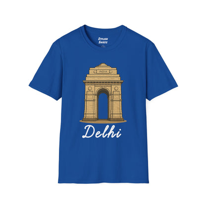 a royal blue delhi graphic t-shirt that says Delhi with a graphic of India Gate