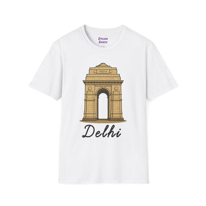 a white delhi graphic t-shirt that says Delhi with a graphic of India Gate