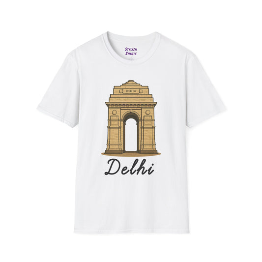 a white delhi graphic t-shirt that says Delhi with a graphic of India Gate