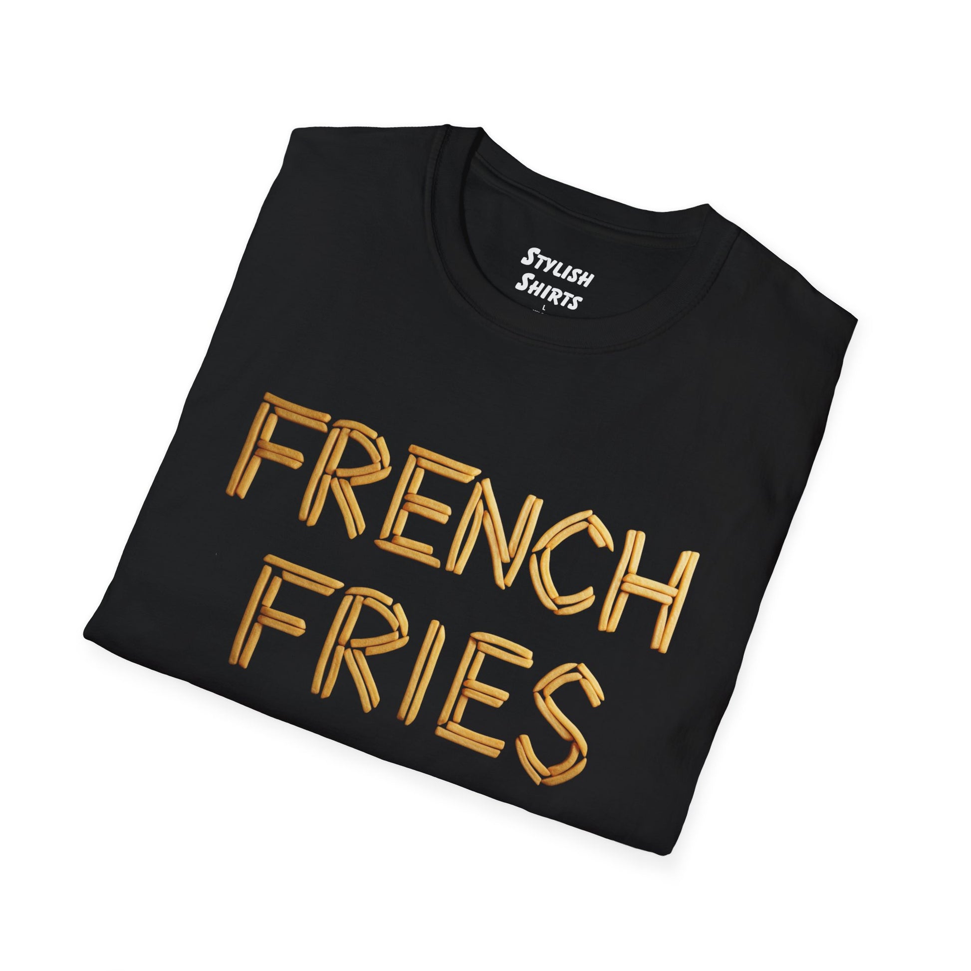 a black shirt folded that says french fries with the word written using french fries followed by parentheses saying are my favorite vegetable