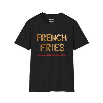 a black shirt that says french fries with the word written using french fries followed by parentheses saying are my favorite vegetable