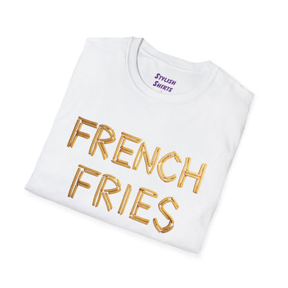 a white folded shirt that says french fries with the word written using french fries followed by parentheses saying are my favorite vegetable