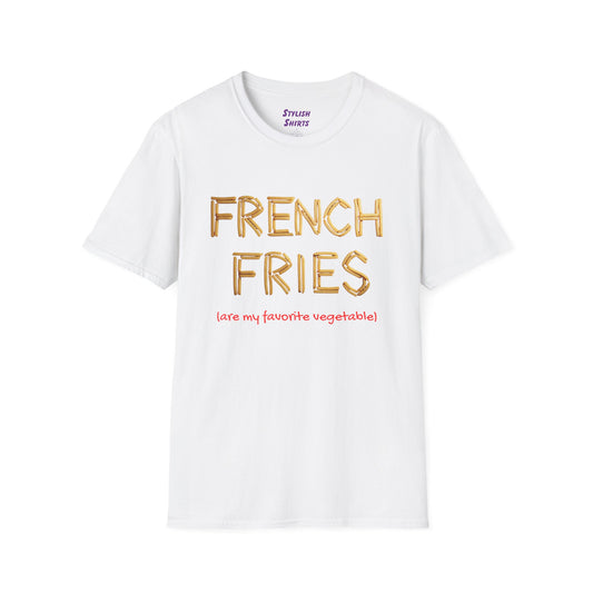 a white shirt that says french fries with the word written using french fries followed by parentheses saying are my favorite vegetable
