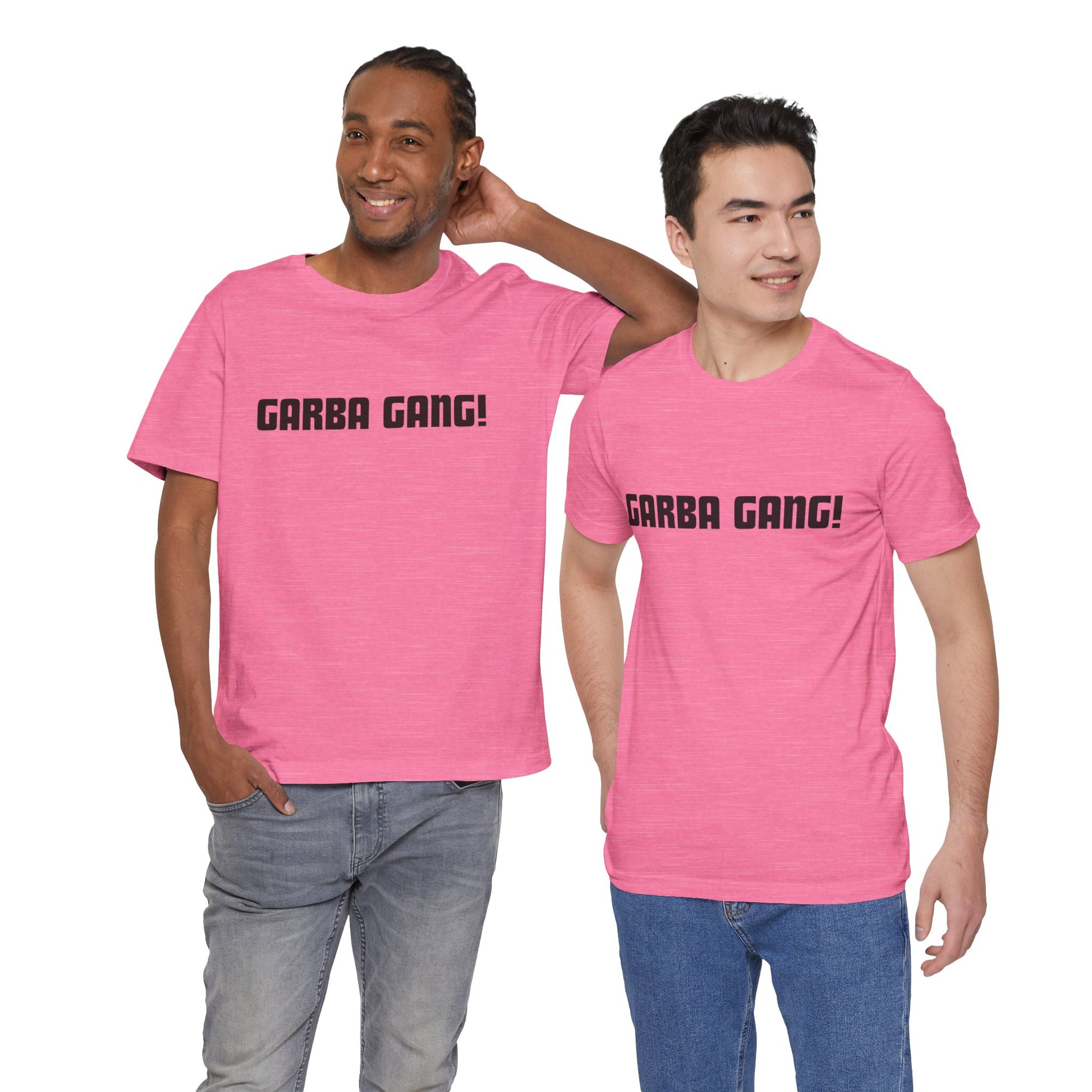 a duo of men wearing a heather charity pink shirt that says garba gang