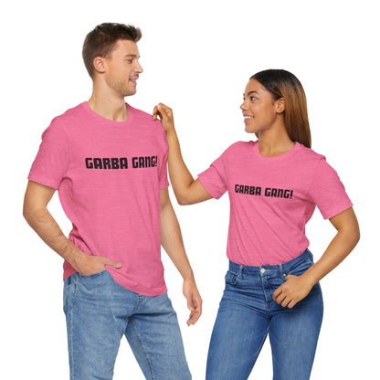 a man and a woman wearing a heather charity pink shirt that says garba gang