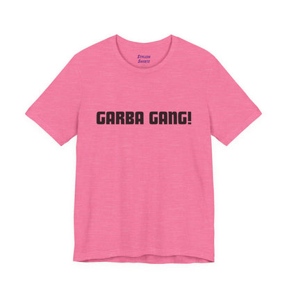 a heather charity pink shirt that says garba gang