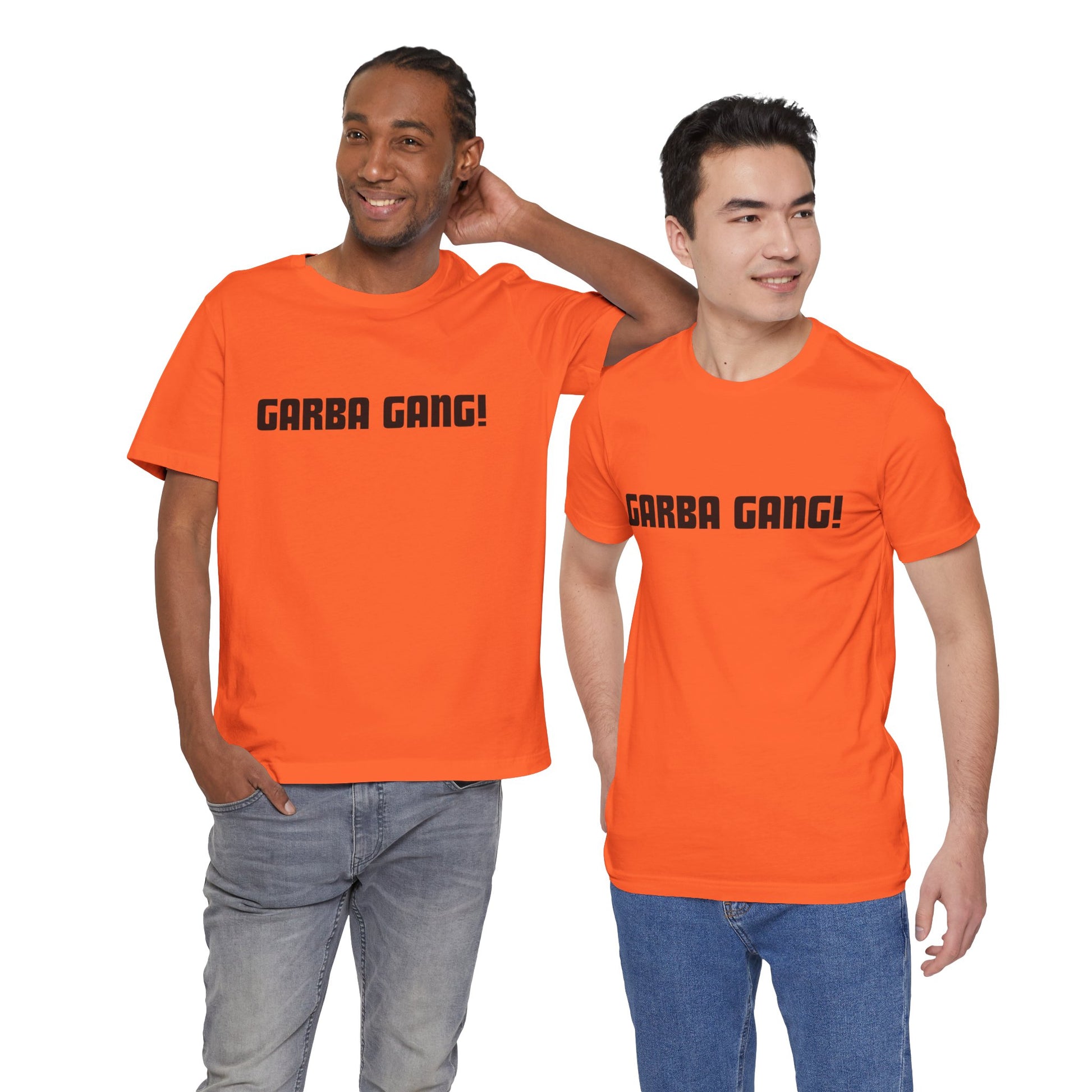a duo of men wearing a orange shirt that says garba gang