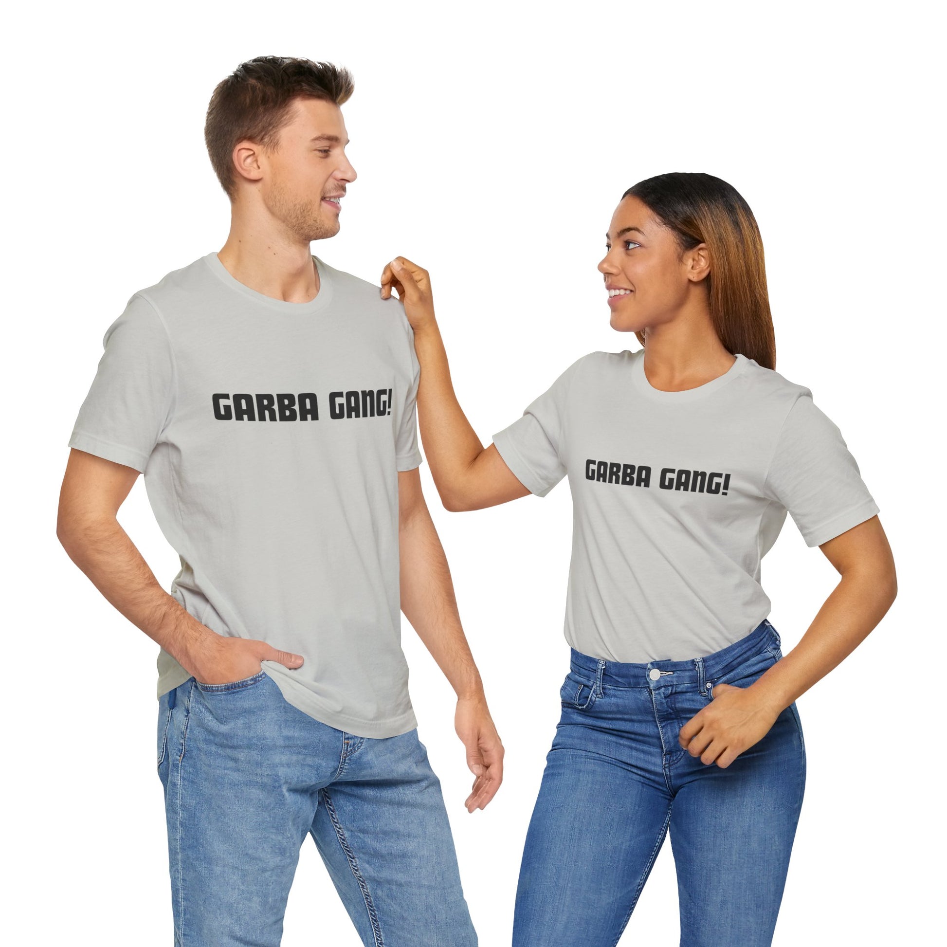 a man and a woman wearing a silver shirt that says garba gang