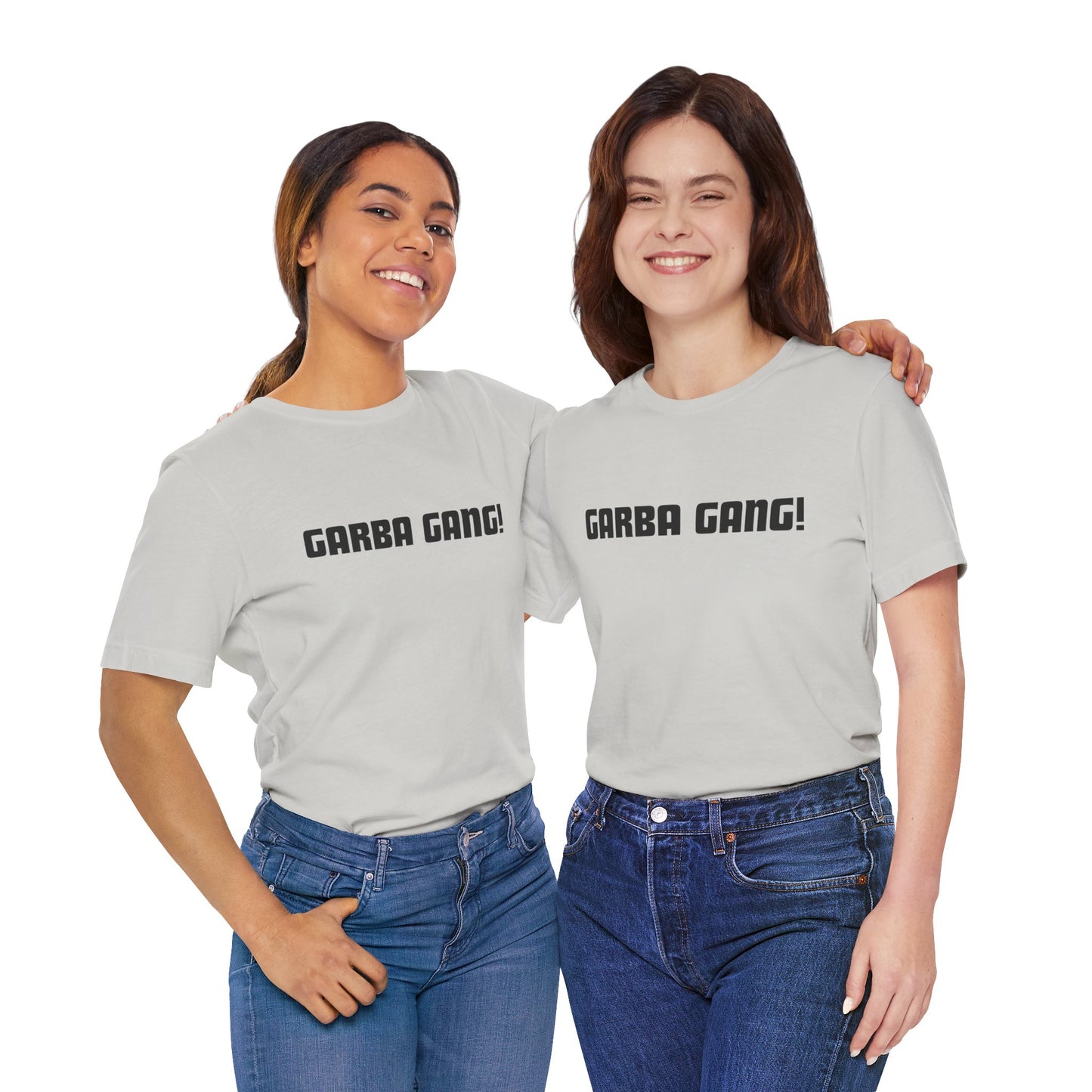 a duo of women wearing a silver shirt that says garba gang