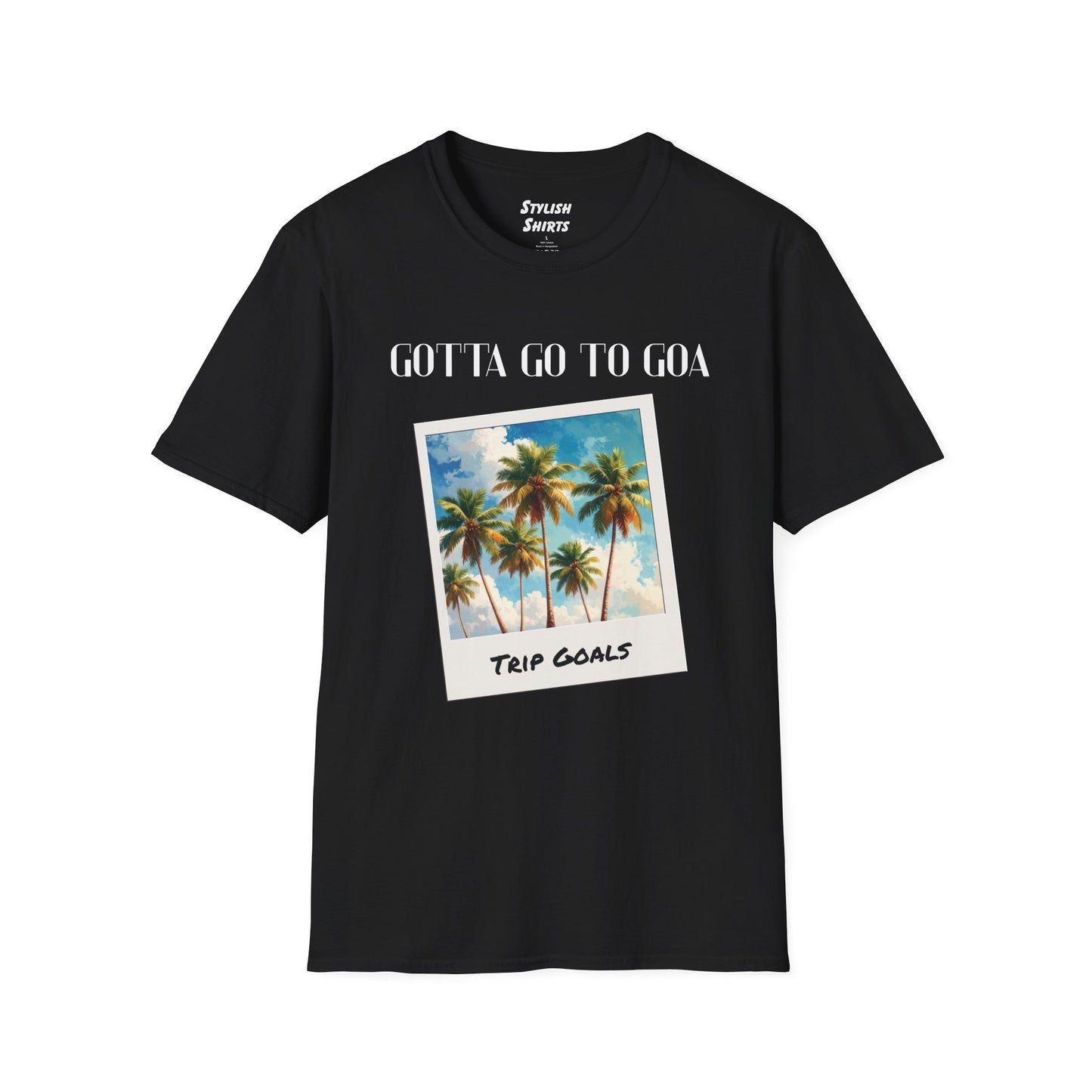 a black shirt that says gotta go to goa with a graphic of goa beach as a postcard that says trip goals