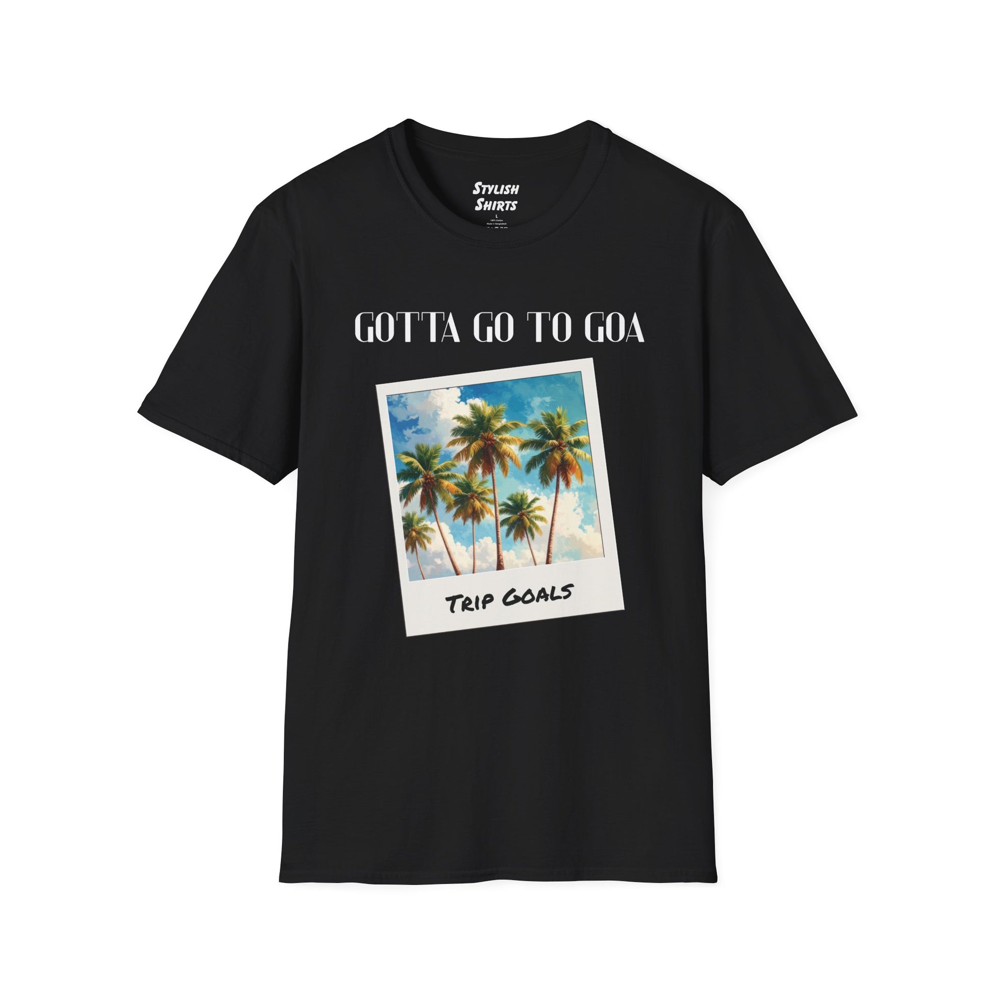 a black shirt that says gotta go to goa with a graphic of goa beach as a postcard that says trip goals