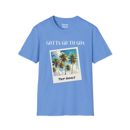 a carolina blue shirt that says gotta go to goa with a graphic of goa beach as a postcard that says trip goals
