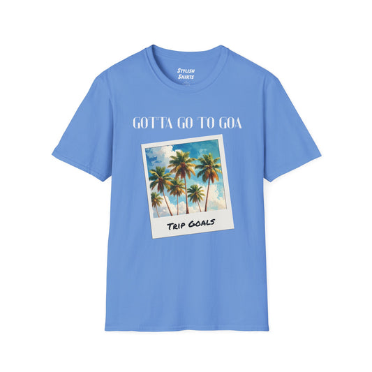 a carolina blue shirt that says gotta go to goa with a graphic of goa beach as a postcard that says trip goals