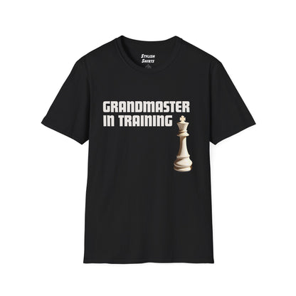 a black shirt that says Grandmaster in Training with a King chess piece