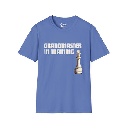 a iris blue shirt that says Grandmaster in Training with a King chess piece