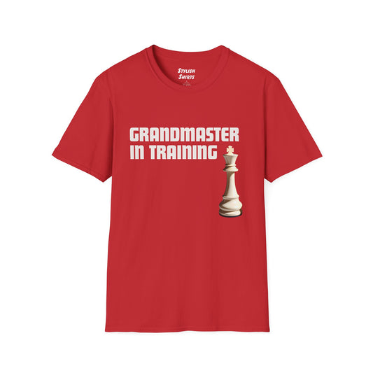 a red shirt that says Grandmaster in Training with a King chess piece