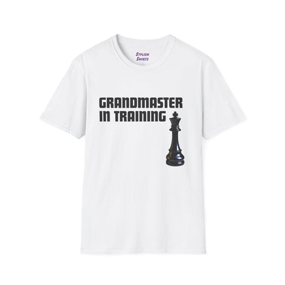 a white shirt that says Grandmaster in Training with a King chess piece