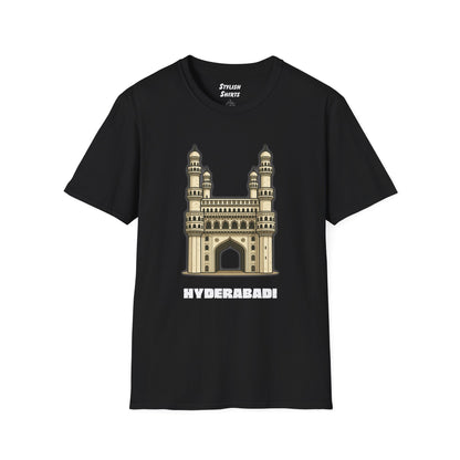 black shirt that says Hyderabadi with a graphic of Charminar