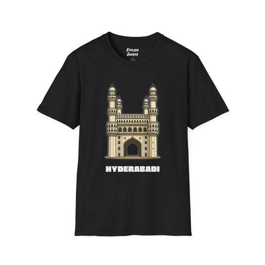 black shirt that says Hyderabadi with a graphic of Charminar