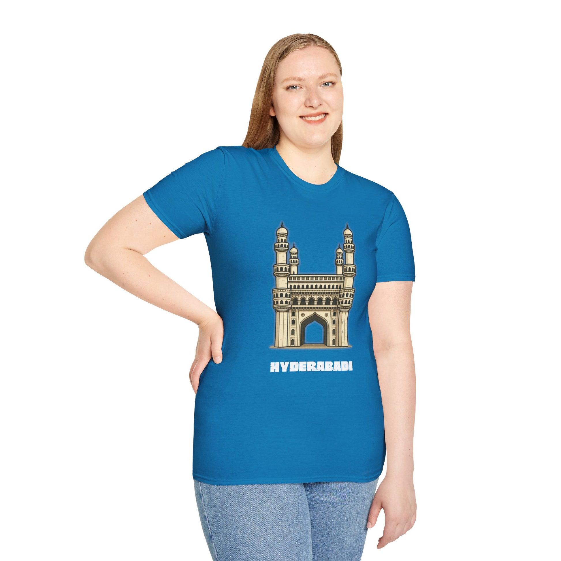 woman wearing a blue shirt that says Hyderabadi with a graphic of Charminar