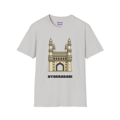 ice grey shirt that says Hyderabadi with a graphic of Charminar