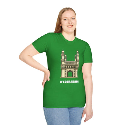 woman wearing a irish green shirt that says Hyderabadi with a graphic of Charminar