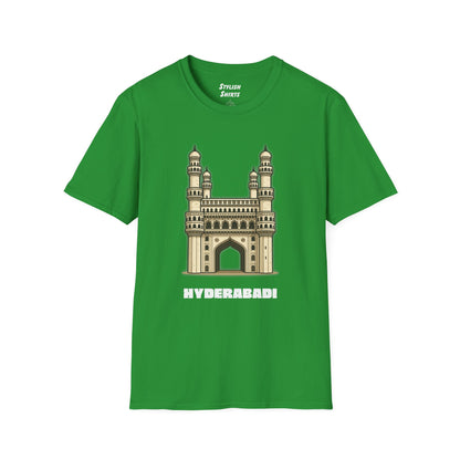irish green shirt that says Hyderabadi with a graphic of Charminar
