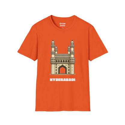 orange shirt that says Hyderabadi with a graphic of Charminar