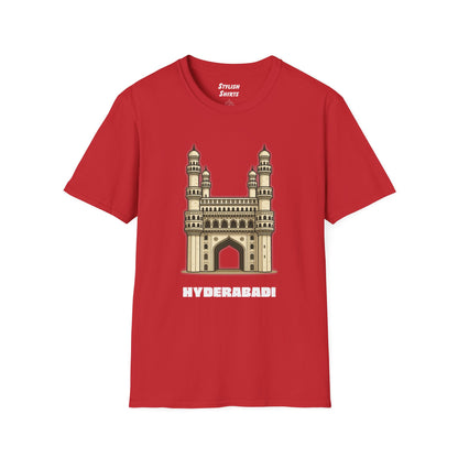 red shirt that says Hyderabadi with a graphic of Charminar