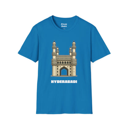 sapphire blue shirt that says Hyderabadi with a graphic of Charminar
