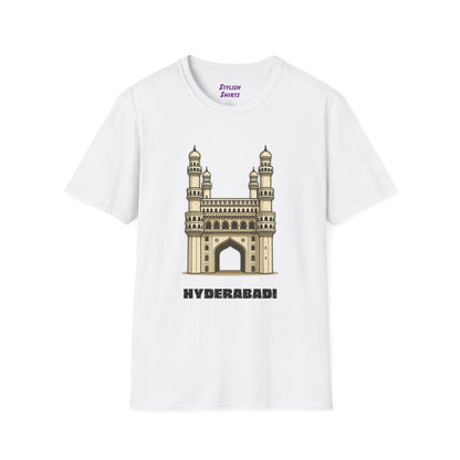 white shirt that says Hyderabadi with a graphic of Charminar