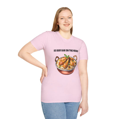 a woman wearing a light pink shirt that says Is Biryani on the Menu with a graphic of chicken biryani