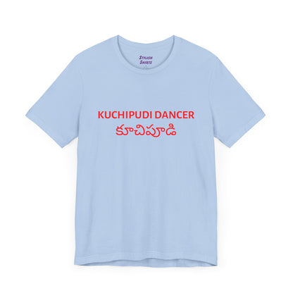 a baby blue shirt that says kuchipudi dancer with kuchipudi also written in Telugu