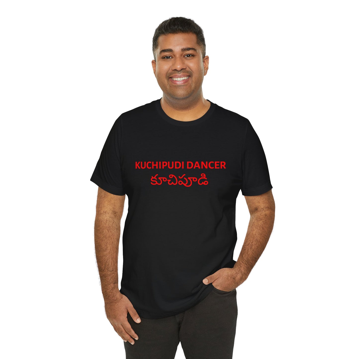 a man wearing a black shirt that says kuchipudi dancer with kuchipudi also written in Telugu
