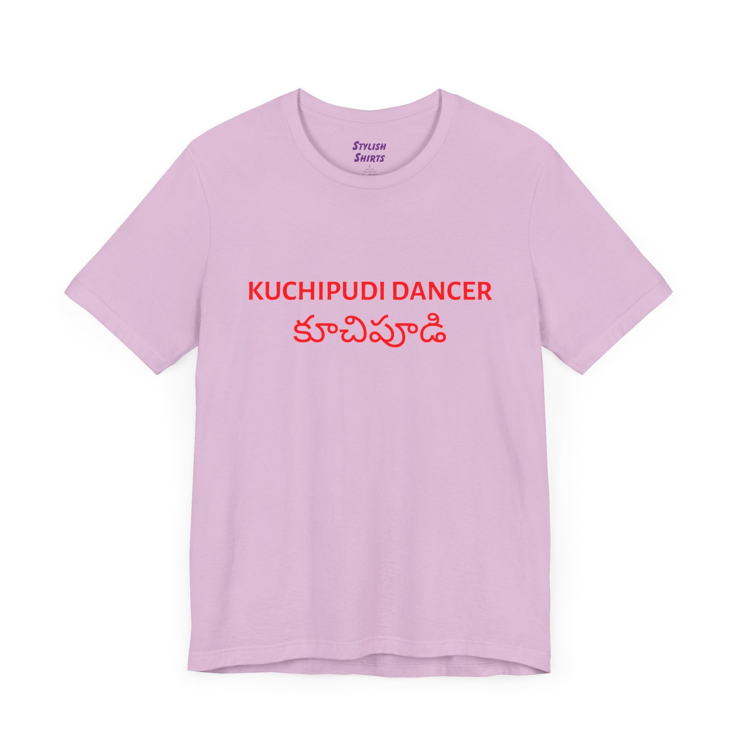 a lilac shirt that says kuchipudi dancer with kuchipudi also written in Telugu