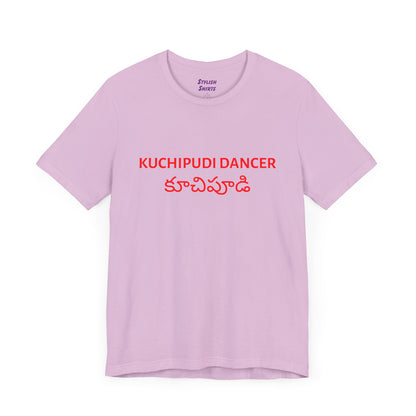a lilac shirt that says kuchipudi dancer with kuchipudi also written in Telugu