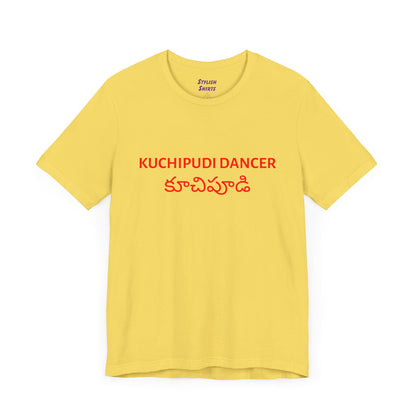 a maize yellow shirt that says kuchipudi dancer with kuchipudi also written in Telugu