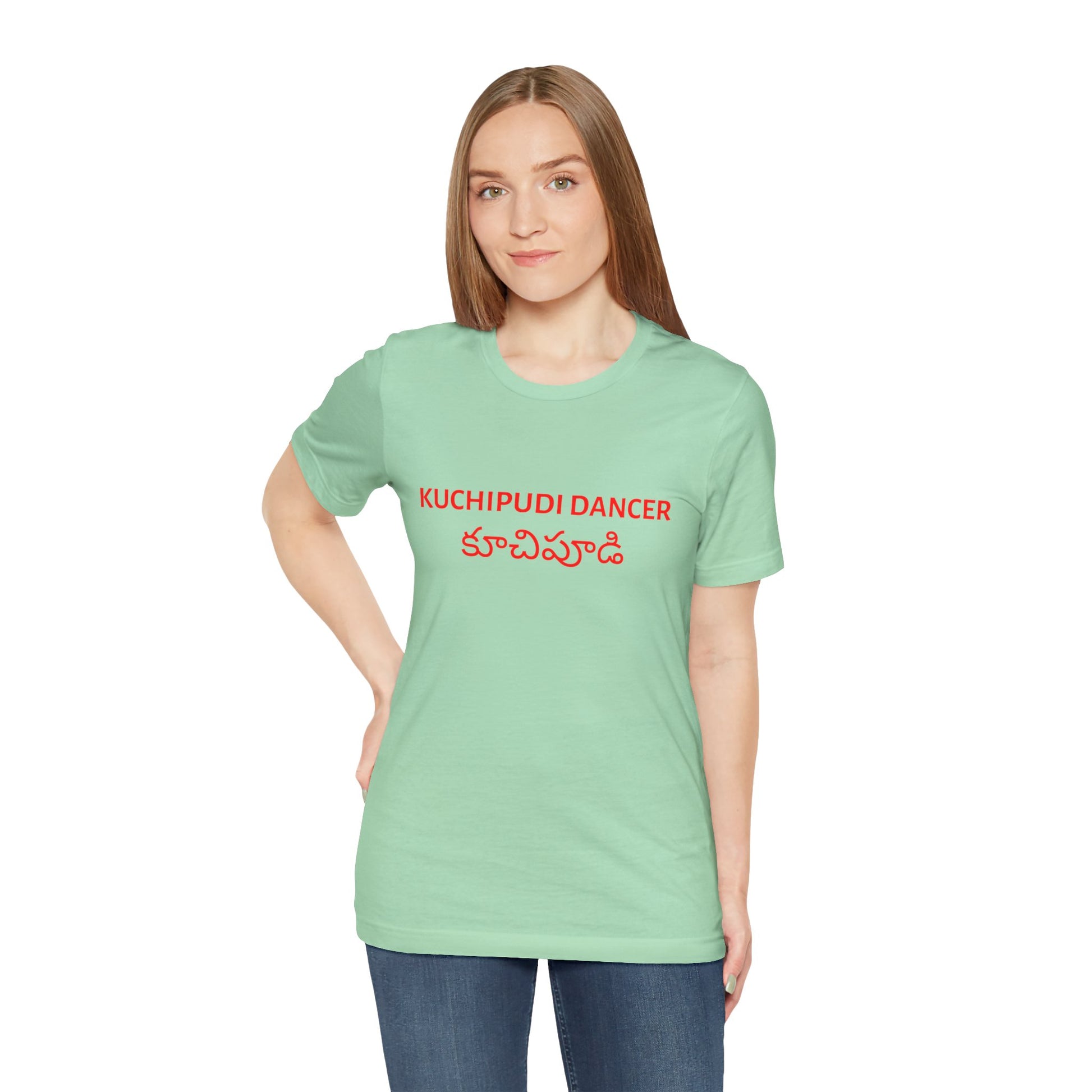a woman wearing a mint shirt that says kuchipudi dancer with kuchipudi also written in Telugu