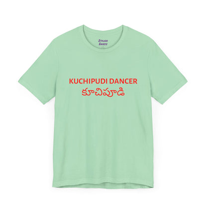 a mint shirt that says kuchipudi dancer with kuchipudi also written in Telugu