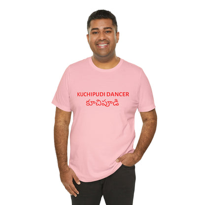 a man wearing a pink shirt that says kuchipudi dancer with kuchipudi also written in Telugu