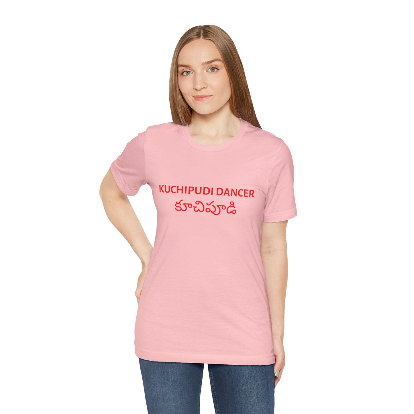 a woman wearing a pink shirt that says kuchipudi dancer with kuchipudi also written in Telugu