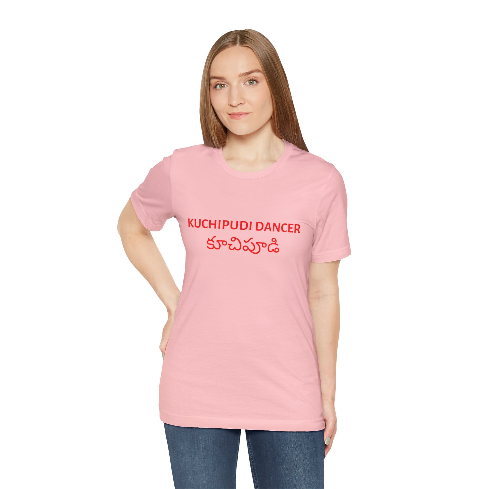 a woman wearing a pink shirt that says kuchipudi dancer with kuchipudi also written in Telugu