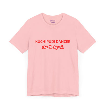a pink shirt that says kuchipudi dancer with kuchipudi also written in Telugu