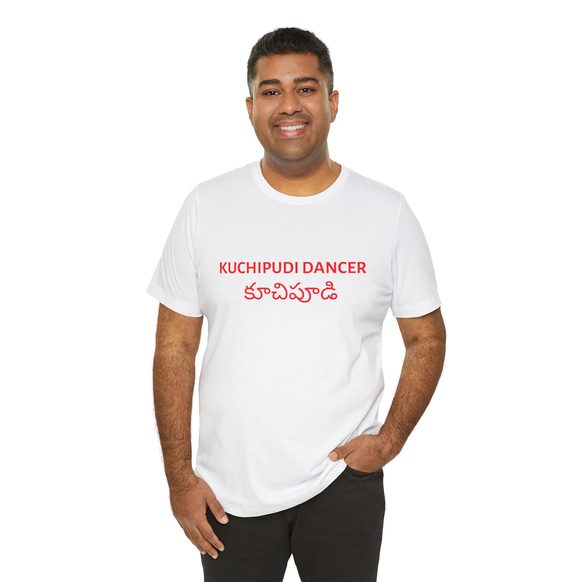 a man wearing a white shirt that says kuchipudi dancer with kuchipudi also written in Telugu