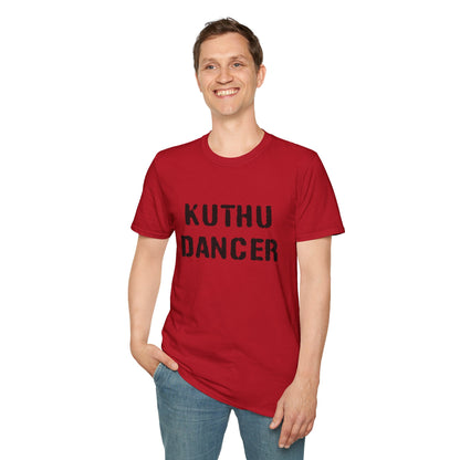 a man wearing a cherry red shirt that says kuthu dancer