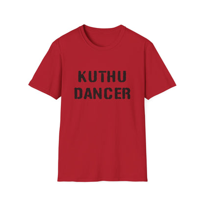 a cherry red shirt that says kuthu dancer