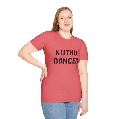 a woman wearing a coral silk shirt that says kuthu dancer