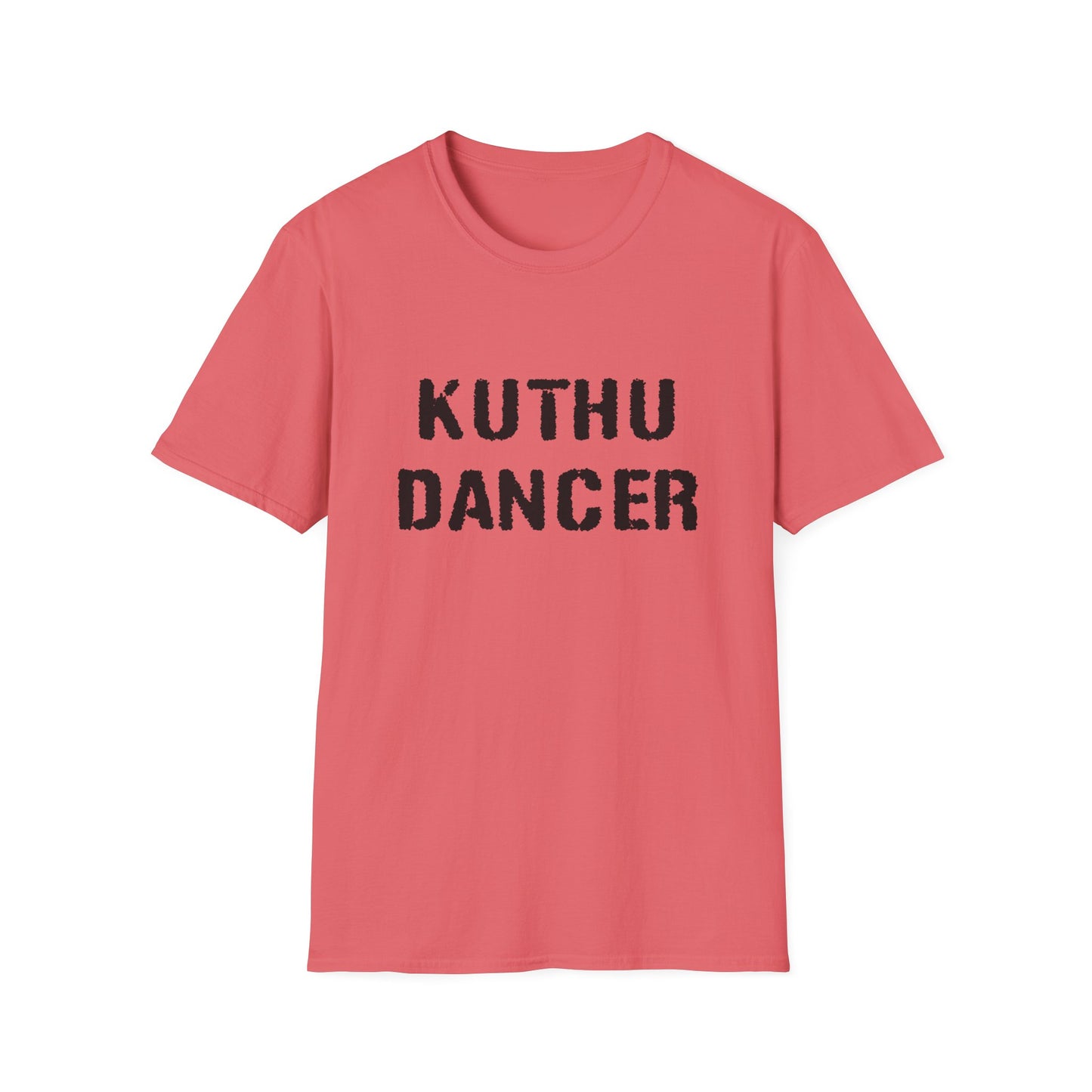 a coral silk shirt that says kuthu dancer